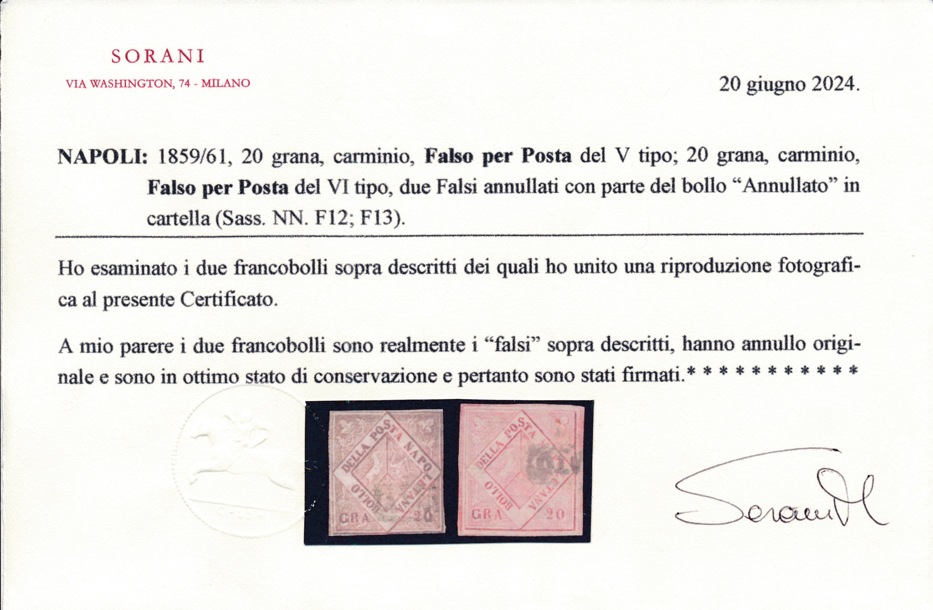 1858/61 – Napoli – Falsi per Posta – 20 Grana Carminio V Tipo, 20 Grana Carminio Vi e 20 Grana Ro...