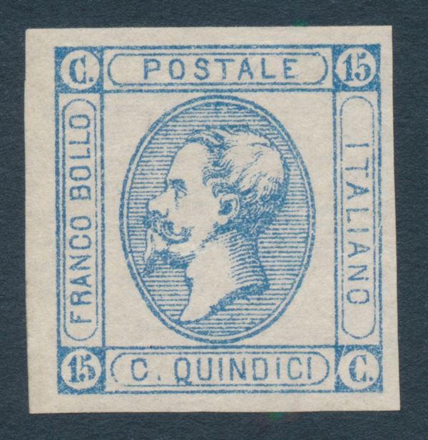 1863 – Regno d’Italia – 15 cent. azzurro litografico I tipo gomma integra (Sass. 12).