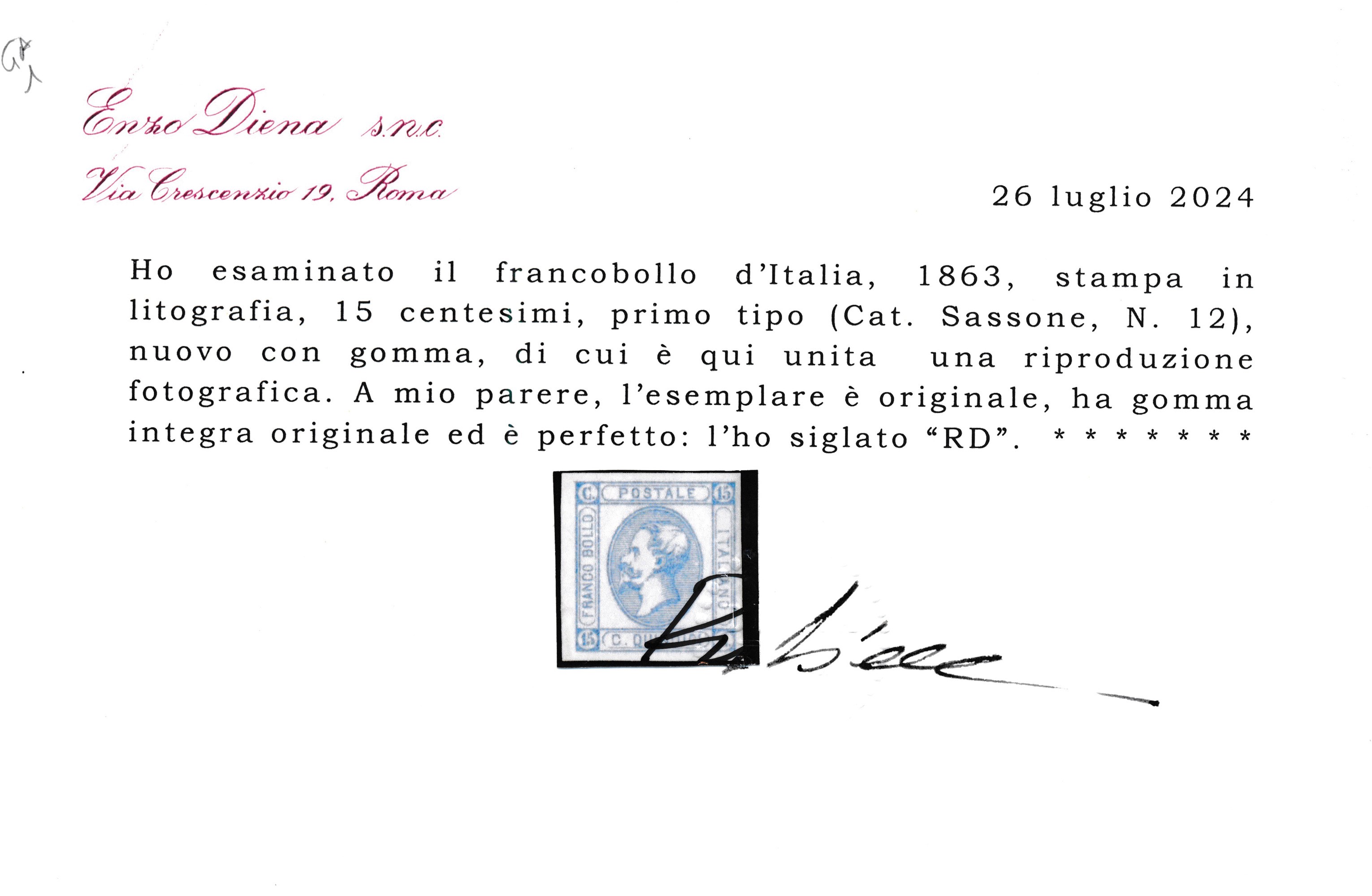 1863 – Regno D’italia – 15 Cent. Azzurro Litografico i Tipo Gomma Integra (sass. 12).