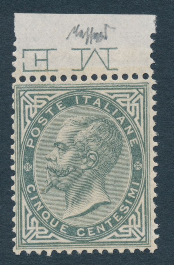 1863 – Regno d’Italia – 5 cent. grigio verde, De La Rue, Tiratura di Londra, gomma integra, bdf (Sass. L16).