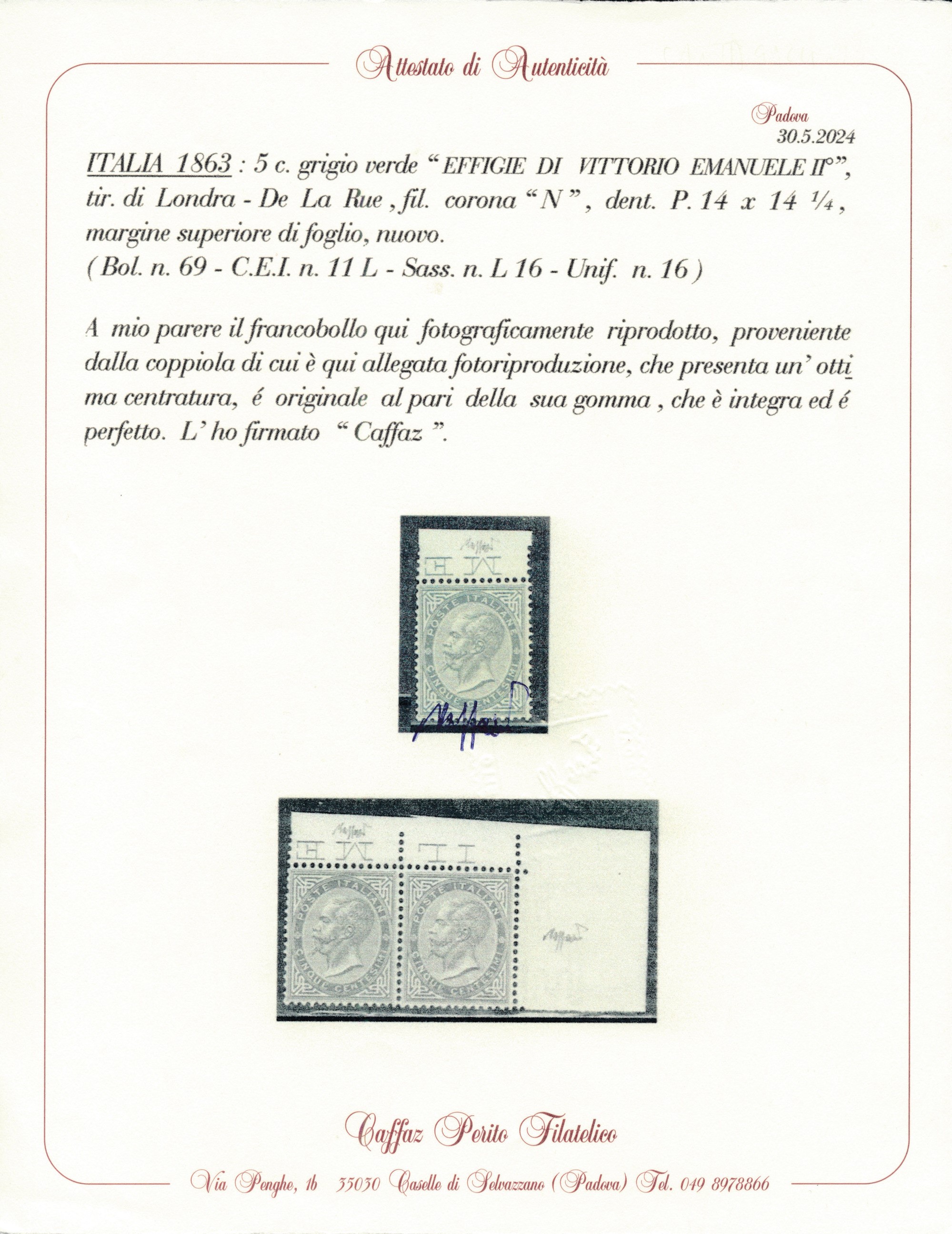 1863 – Regno D’italia – 5 Cent. Grigio Verde, De la Rue, Tiratura di Londra, Gomma Integra, Bdf (...