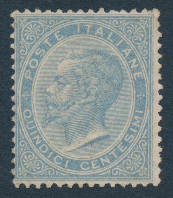 1863 – Regno d’Italia – 15 cent. celeste chiaro, De La Rue, Tiratura di Londra, gomma integra (Sass. L18).