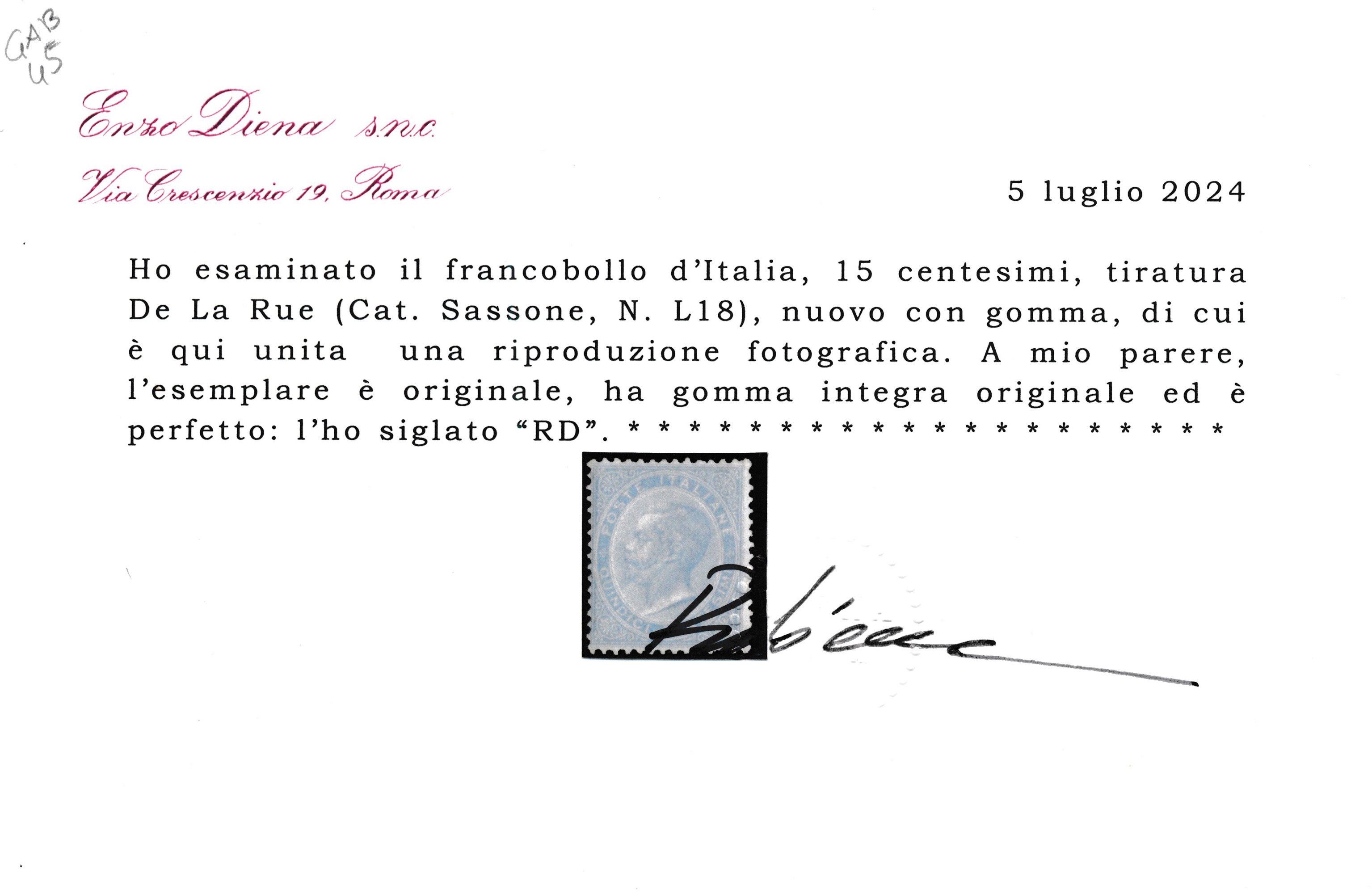 1863 – Regno D’italia – 15 Cent. Celeste Chiaro, De la Rue, Tiratura di Londra, Gomma Integra (sa...