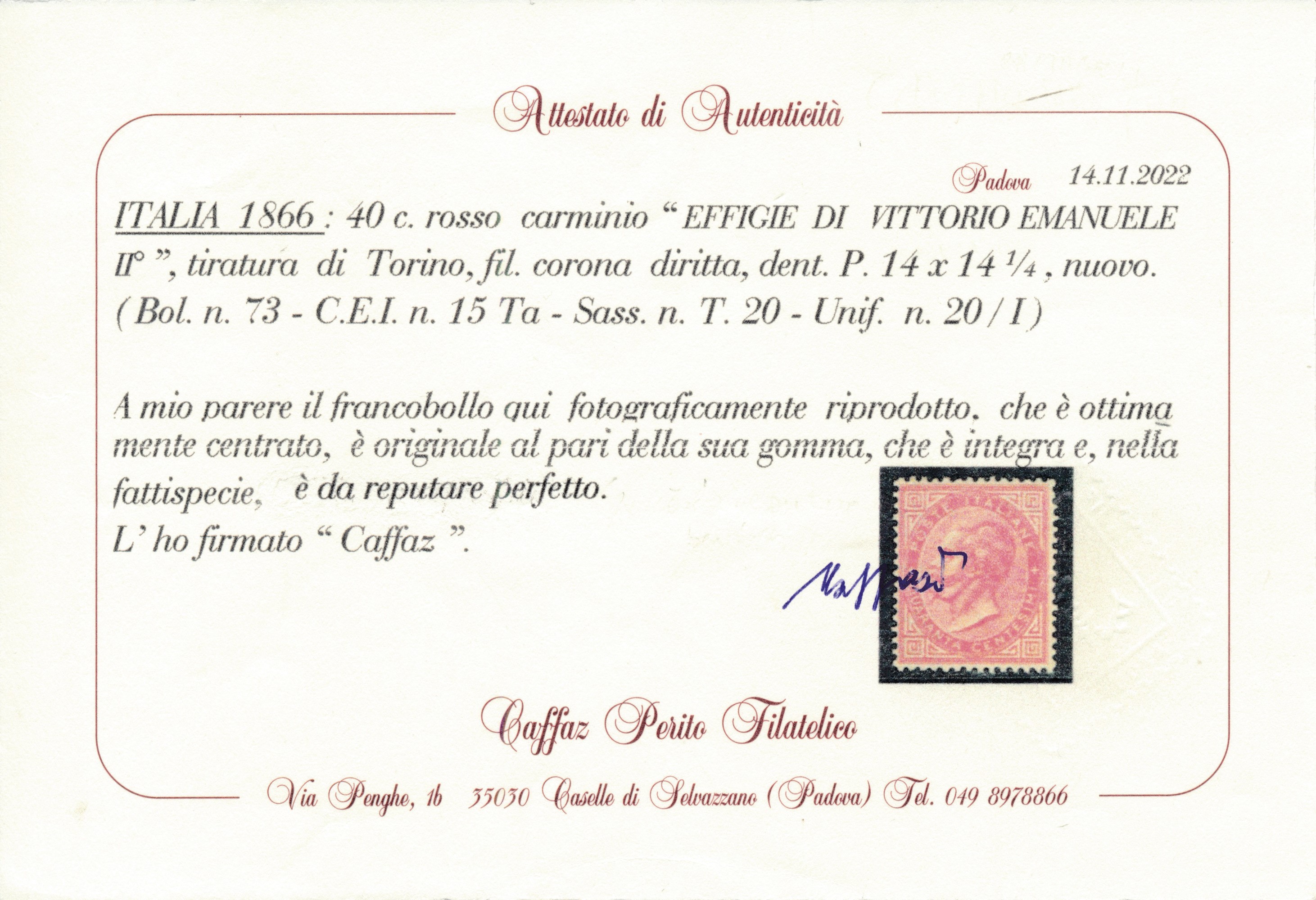 1866 – Regno D’italia – 40 Cent. Rosso Carminio, De la Rue, Tiratura di Torino, Gomma Integra (sa...