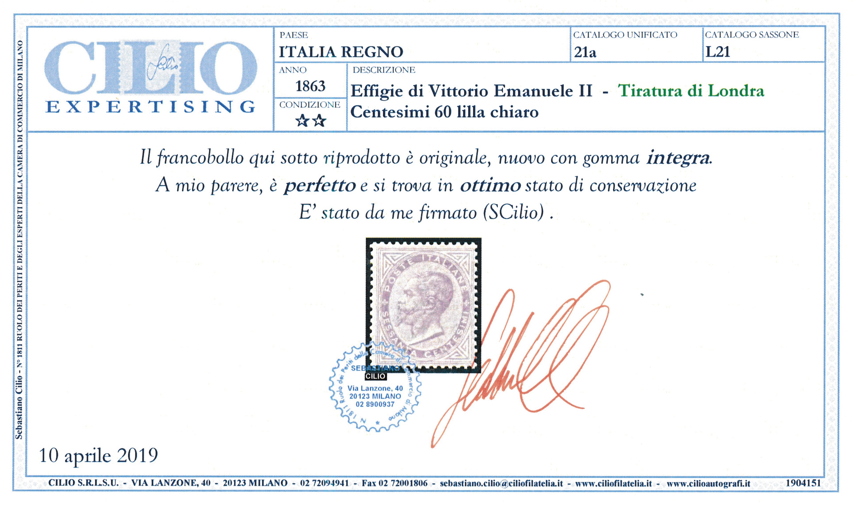 1863 – Regno D’italia – 60 Cent. Lilla Chiaro, De la Rue, Tiratura di Londra, Gomma Integra (sass...