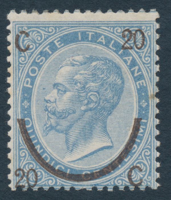 1865 – Regno d’Italia – 20 su 15 cent. celeste, Ferro di cavallo, III tipo, gomma integra (Sass. 25).