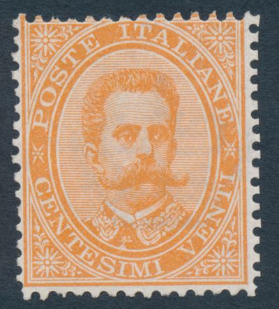 1879 – Regno D’italia – 20 Cent. Arancio “umberto I”, Gomma Integra (sass. 39).