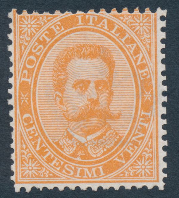 1879 – Regno d’Italia – 20 cent. arancio “Umberto I”, gomma integra (Sass. 39).