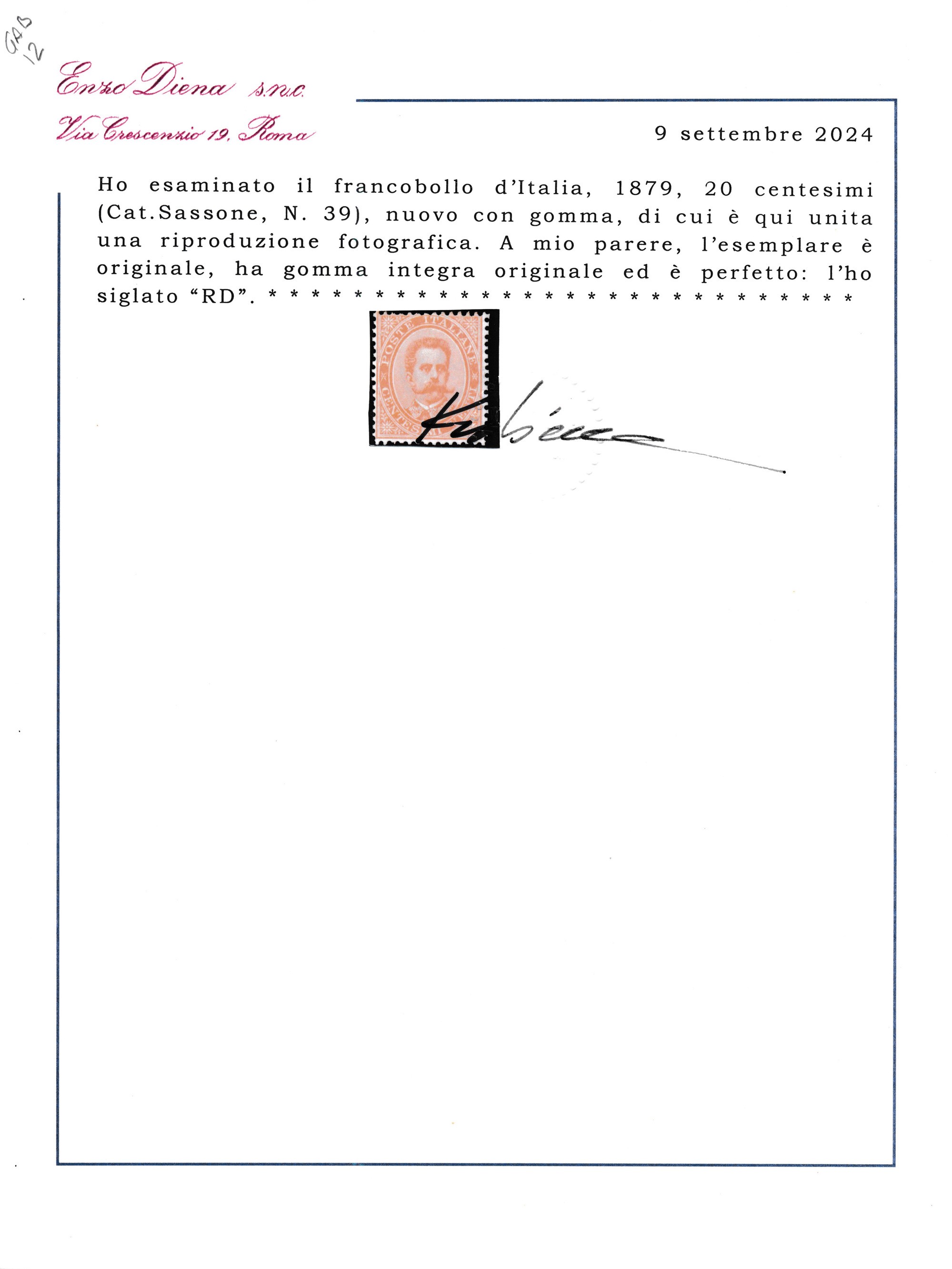 1879 – Regno D’italia – 20 Cent. Arancio “umberto I”, Gomma Integra (sass. 39).