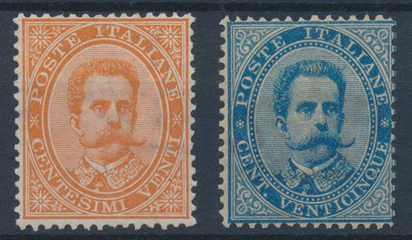 1879 - Regno d’Italia – 20 cent. arancio e 25 cent. azzurro “Umberto I”, gomma integra (Sass. 39/40).
