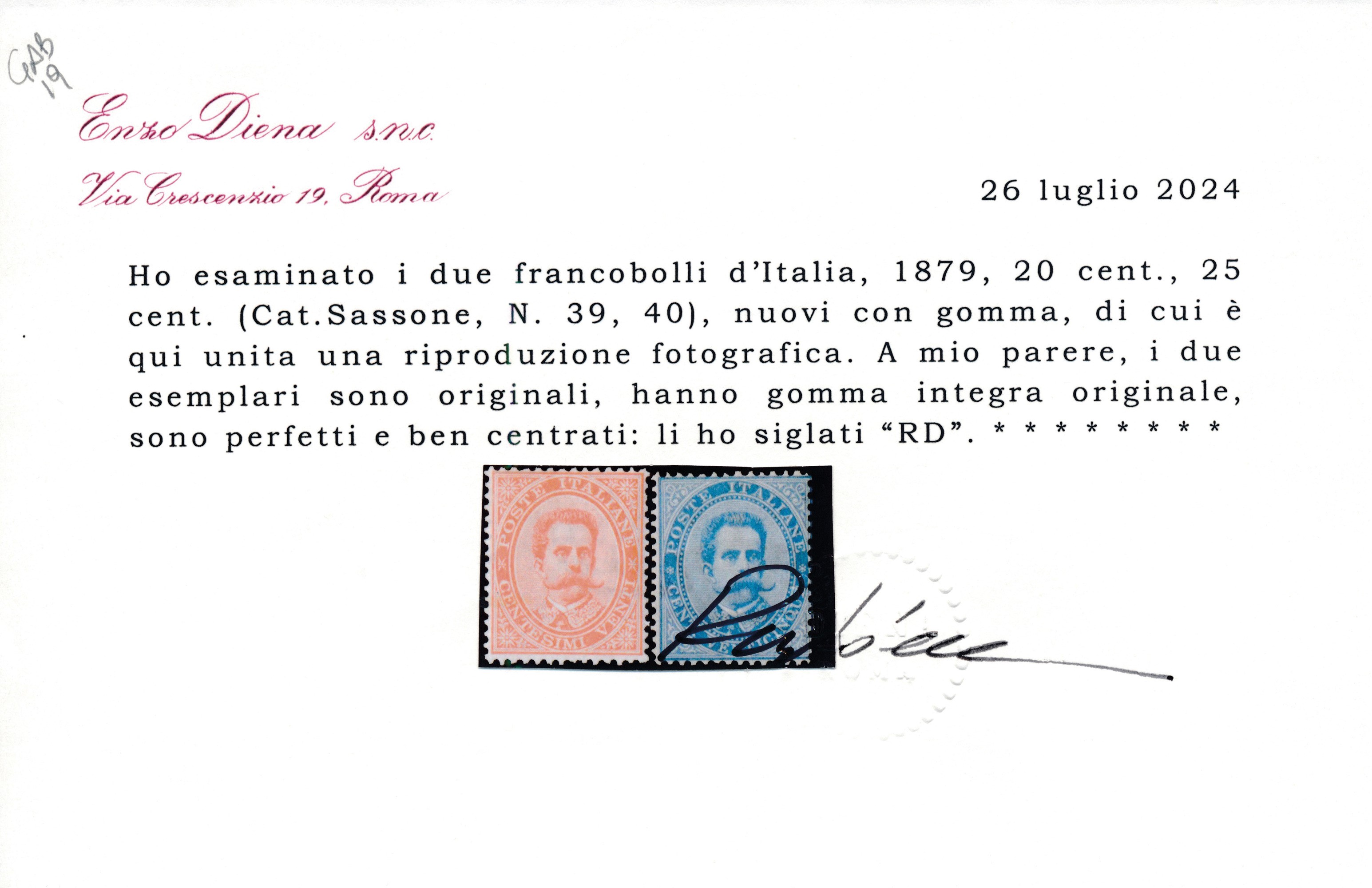 1879 - Regno D’italia – 20 Cent. Arancio e 25 Cent. Azzurro “umberto I”, Gomma Integra (sass. 39/...