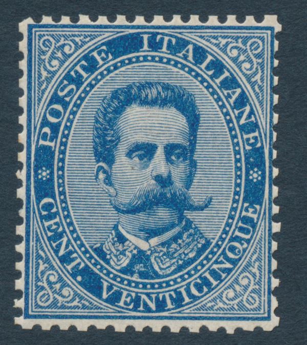 1879 - Regno d’Italia – 25 cent. azzurro “Umberto I”, gomma integra (Sass. 40).