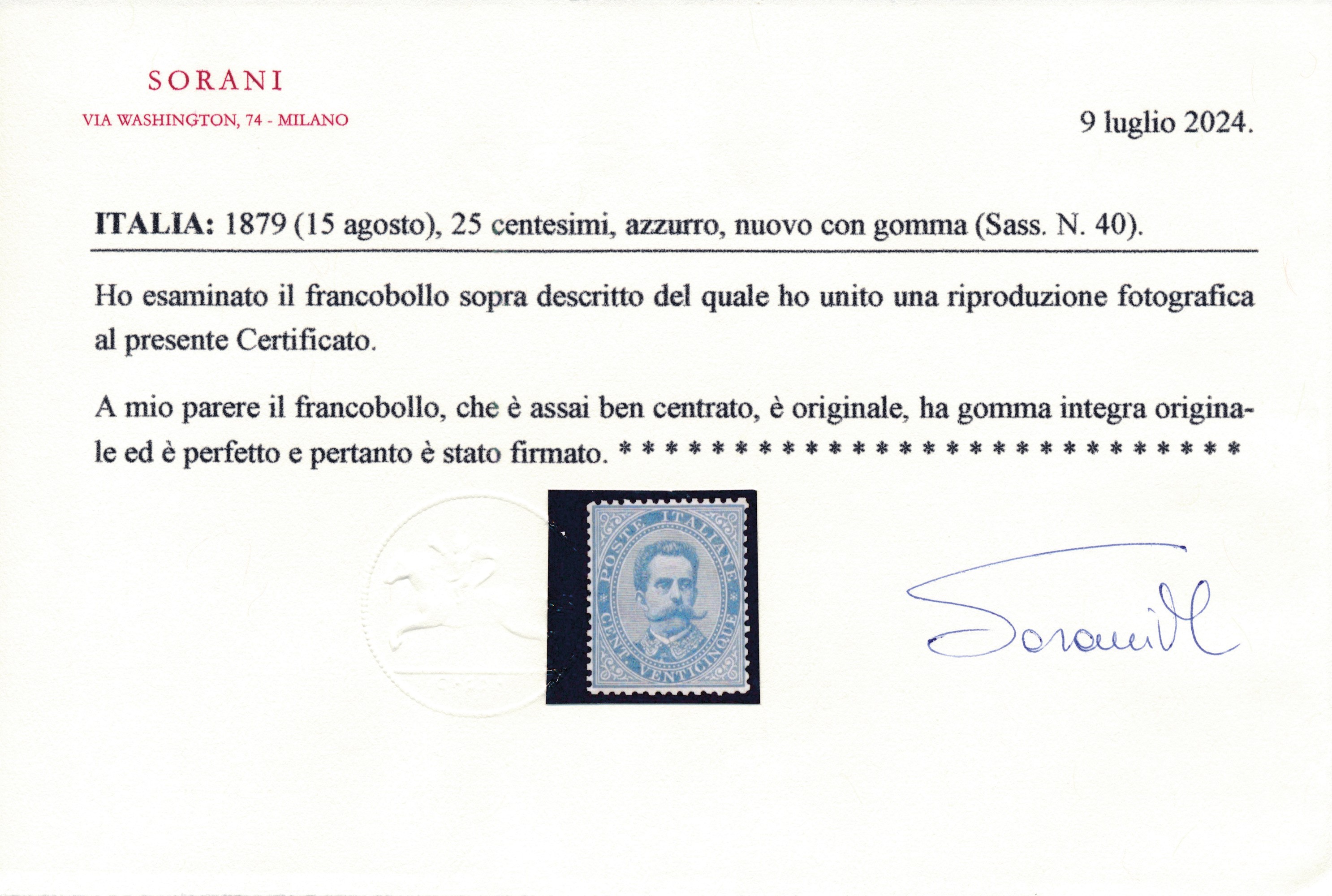 1879 - Regno D’italia – 25 Cent. Azzurro “umberto I”, Gomma Integra (sass. 40).