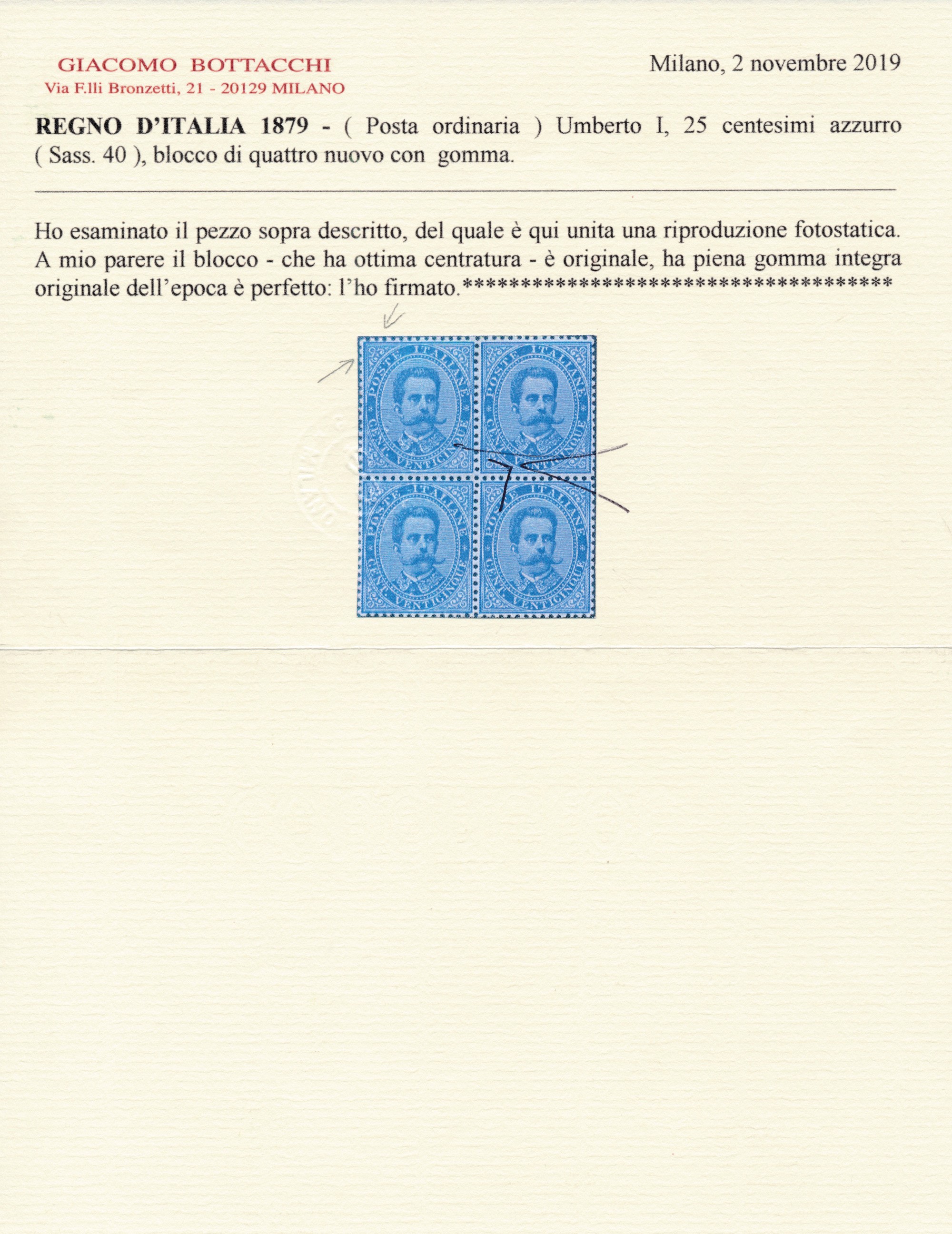1879 - Regno D’italia – 25 Cent. Azzurro “umberto I”, Gomma Integra (sass. 40).