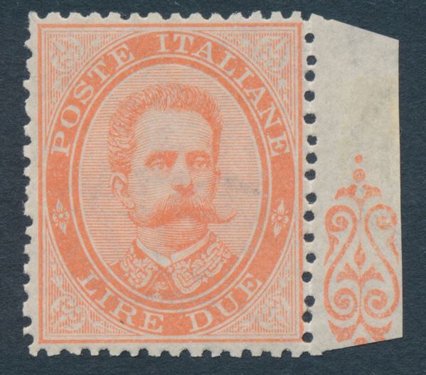 1879 - Regno d’Italia – 2 lire vermiglio “Umberto I”, gomma integra, bdf (Sass. 43).