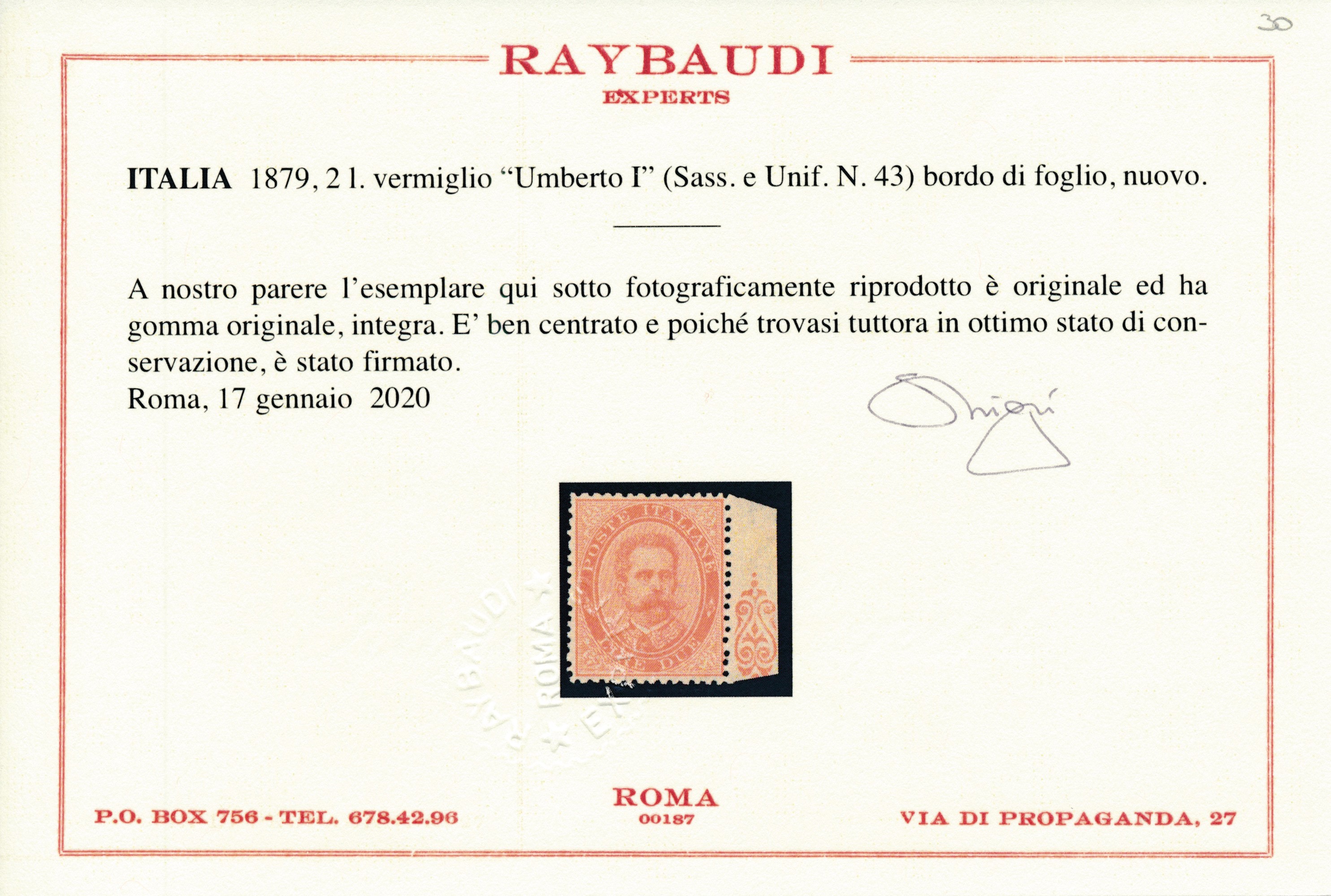 1879 - Regno D’italia – 2 Lire Vermiglio “umberto I”, Gomma Integra, Bdf (sass. 43).