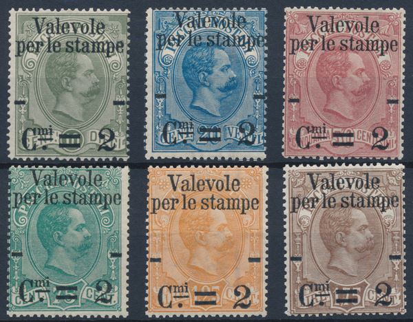 1890 – Regno d’Italia – Francobolli per pacchi postali “Valevole per le stampe”, serie completa, gomma integra (Sass. S.6).