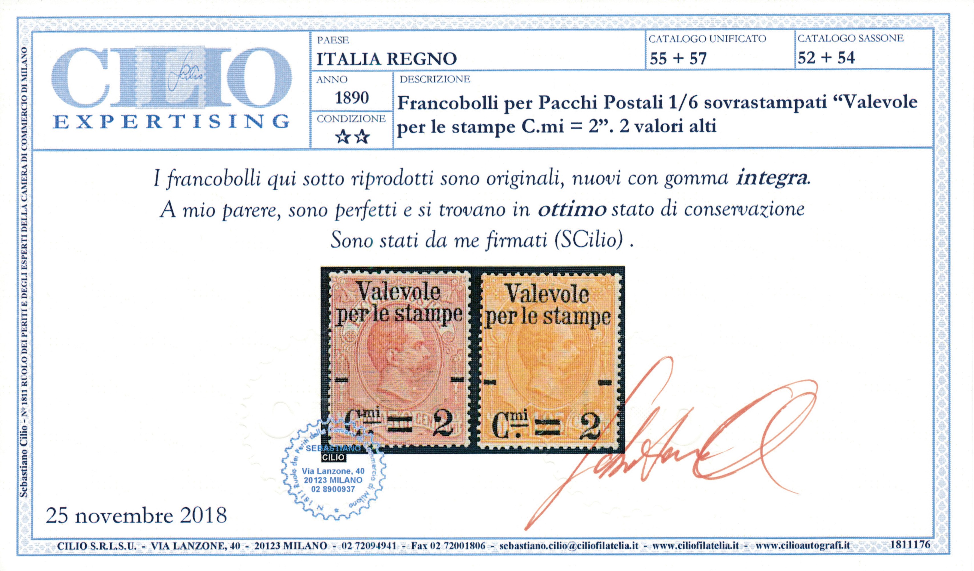 1890 – Regno D’italia – Francobolli per Pacchi Postali “valevole per le Stampe”, Serie Completa, ...