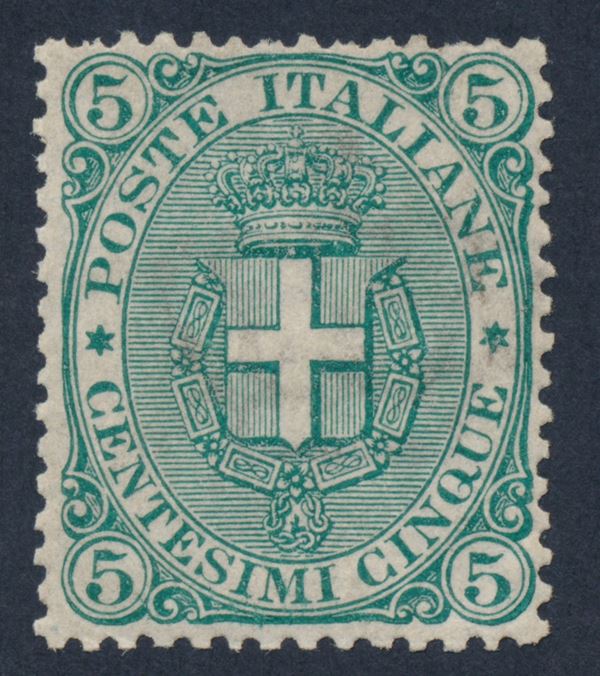 1891 – Regno d’Italia – 5 cent. verde “Scudo Savoia”, gomma integra (Sass. 59).