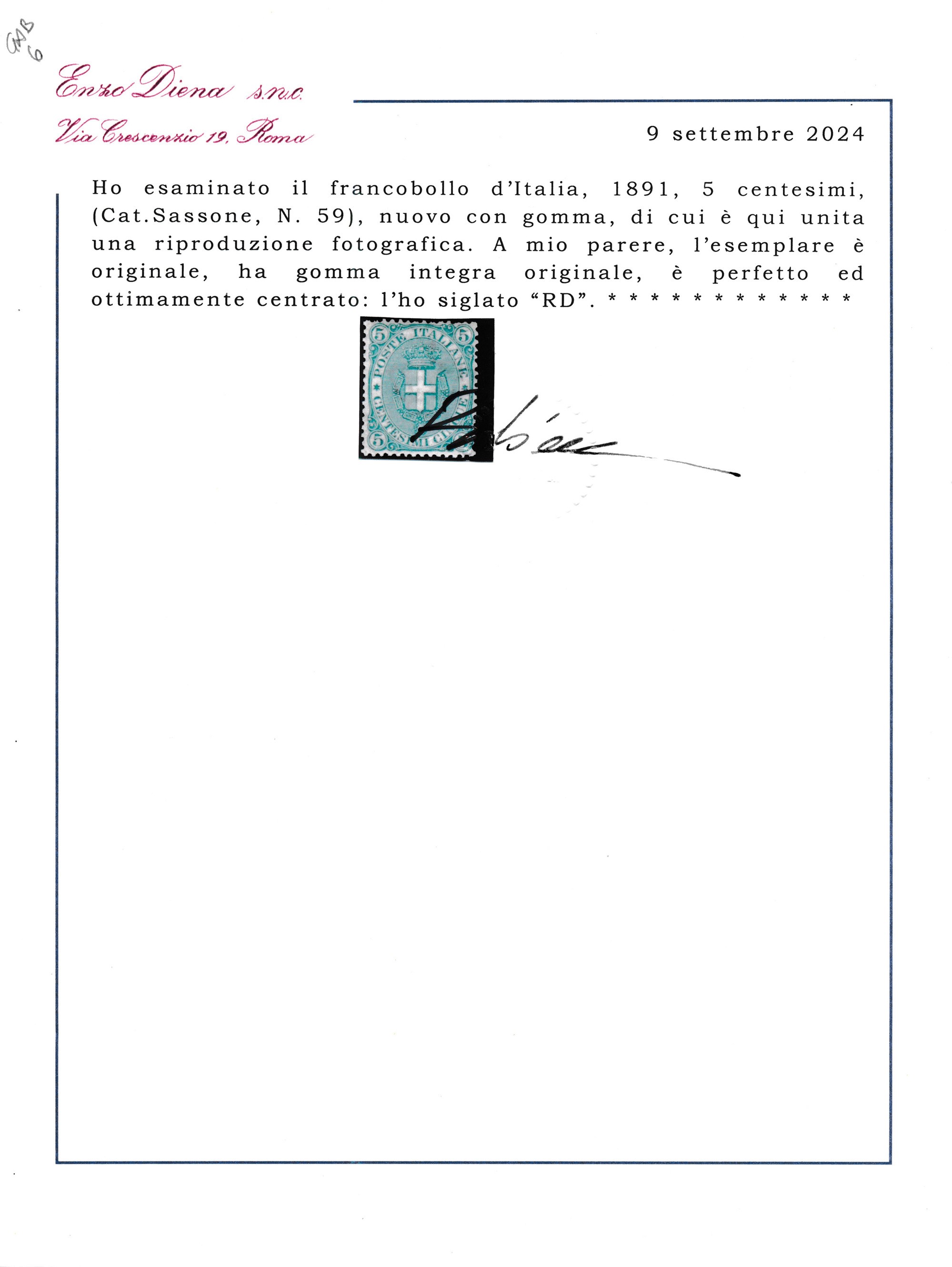 1891 – Regno D’italia – 5 Cent. Verde “scudo Savoia”, Gomma Integra (sass. 59).