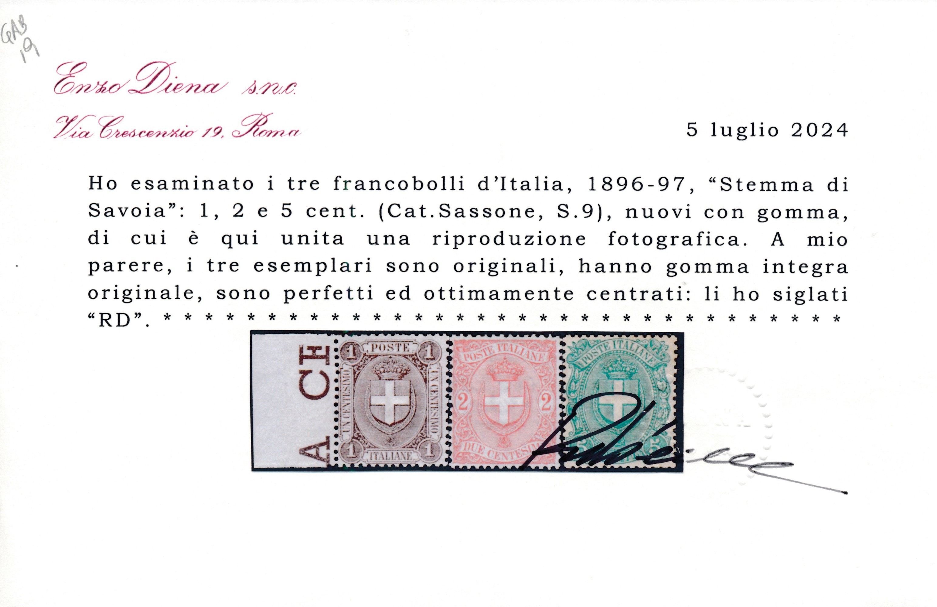 1896-97 – Regno D’italia - Stemma di Savoia, Serie Completa, Gomma Integra (sass. S.9).
