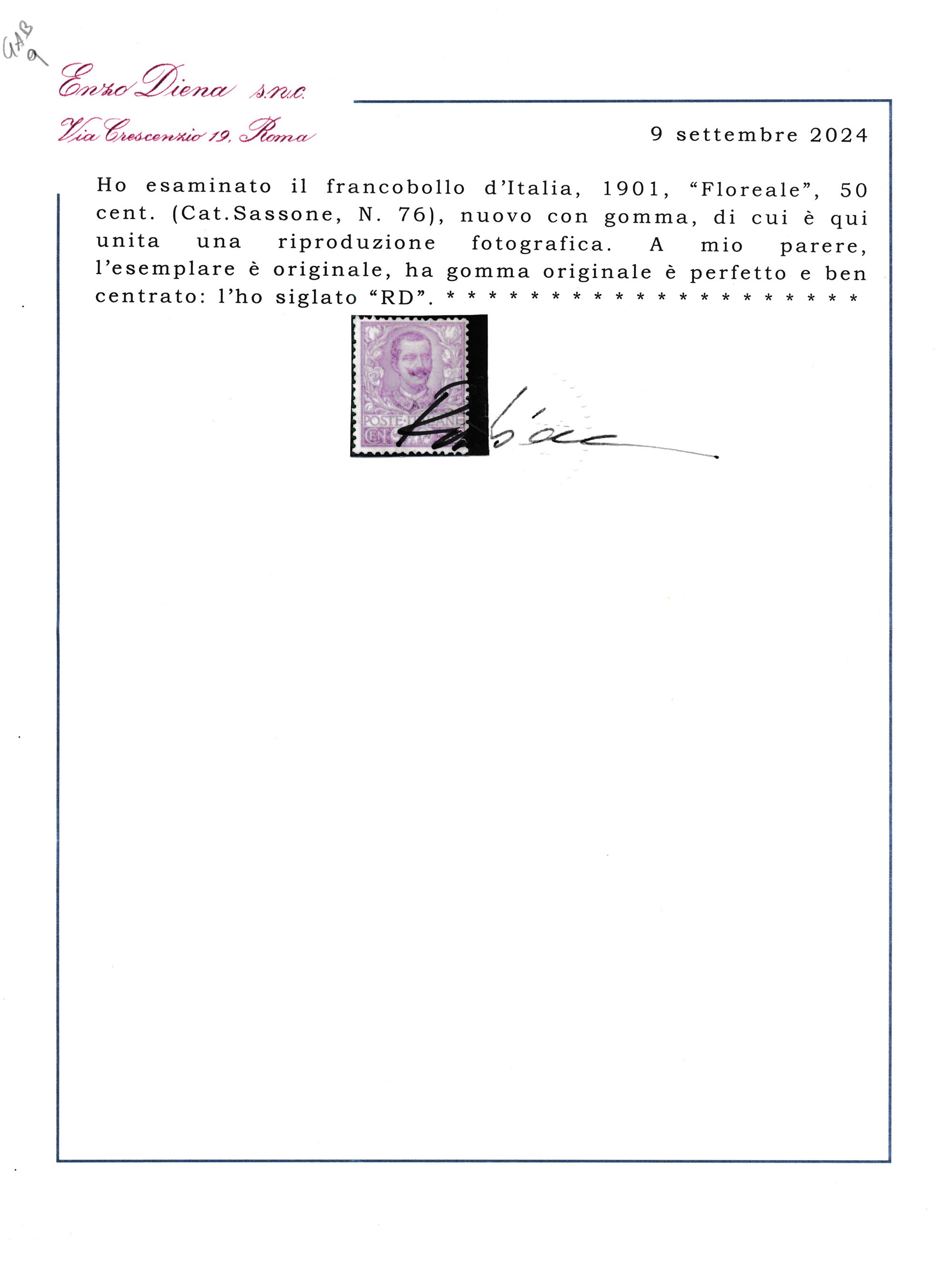 1901 – Regno D’italia – 50 Cent. Malva Serie “floreale” Nuovo Gomma Originale (sass. 76).
