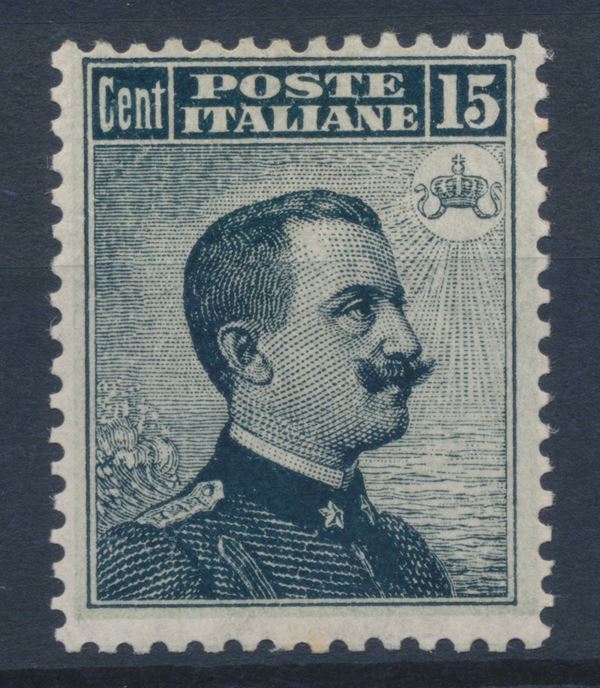 1909 – Regno d’Italia – 15 cent. grigio nero “Michetti”, dent. 13¼ x 14, gomma integra (Sass. 86).