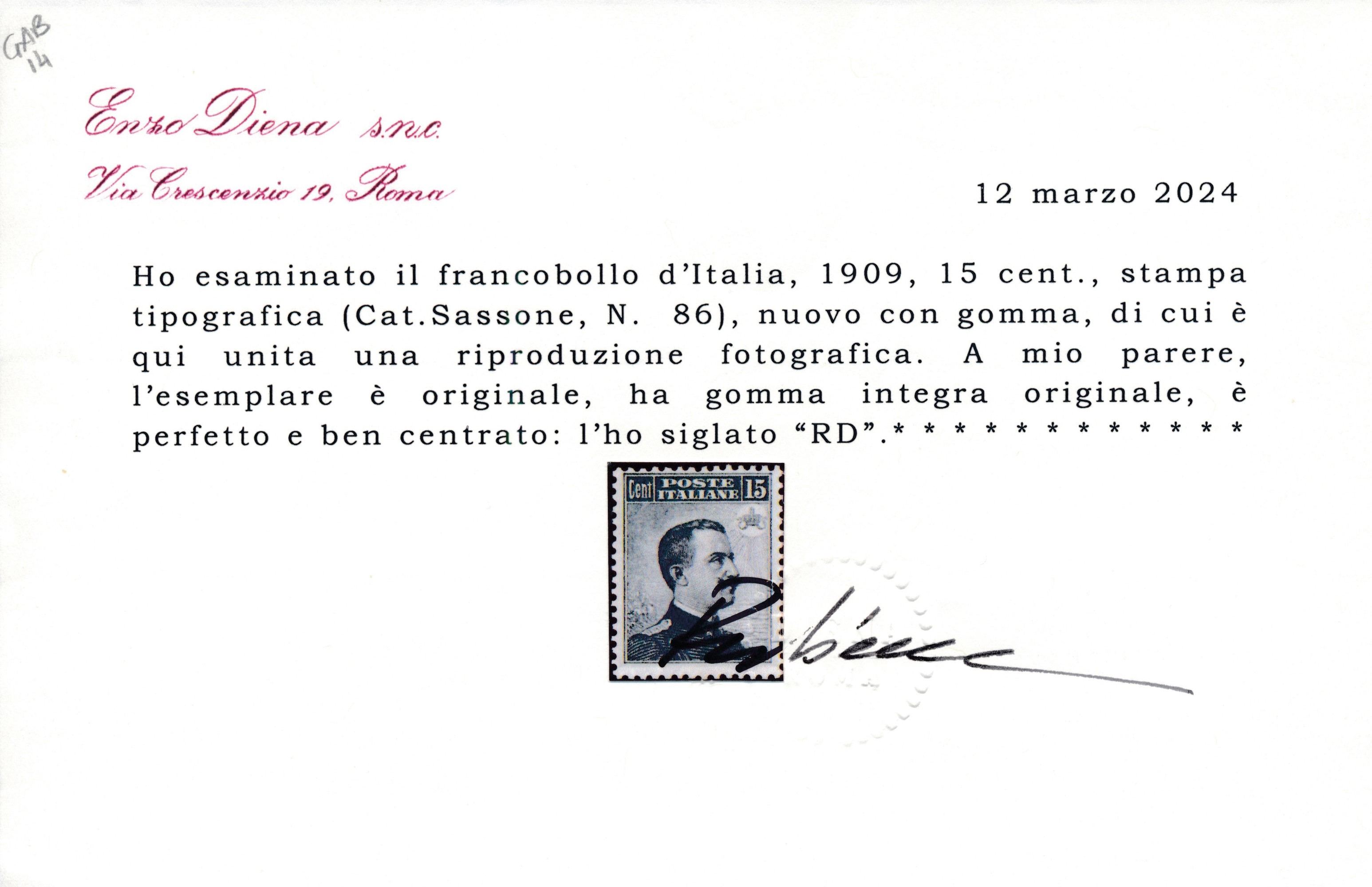1909 – Regno D’italia – 15 Cent. Grigio Nero “michetti”, Dent. 13¼ X 14, Gomma Integra (sass. 86)...