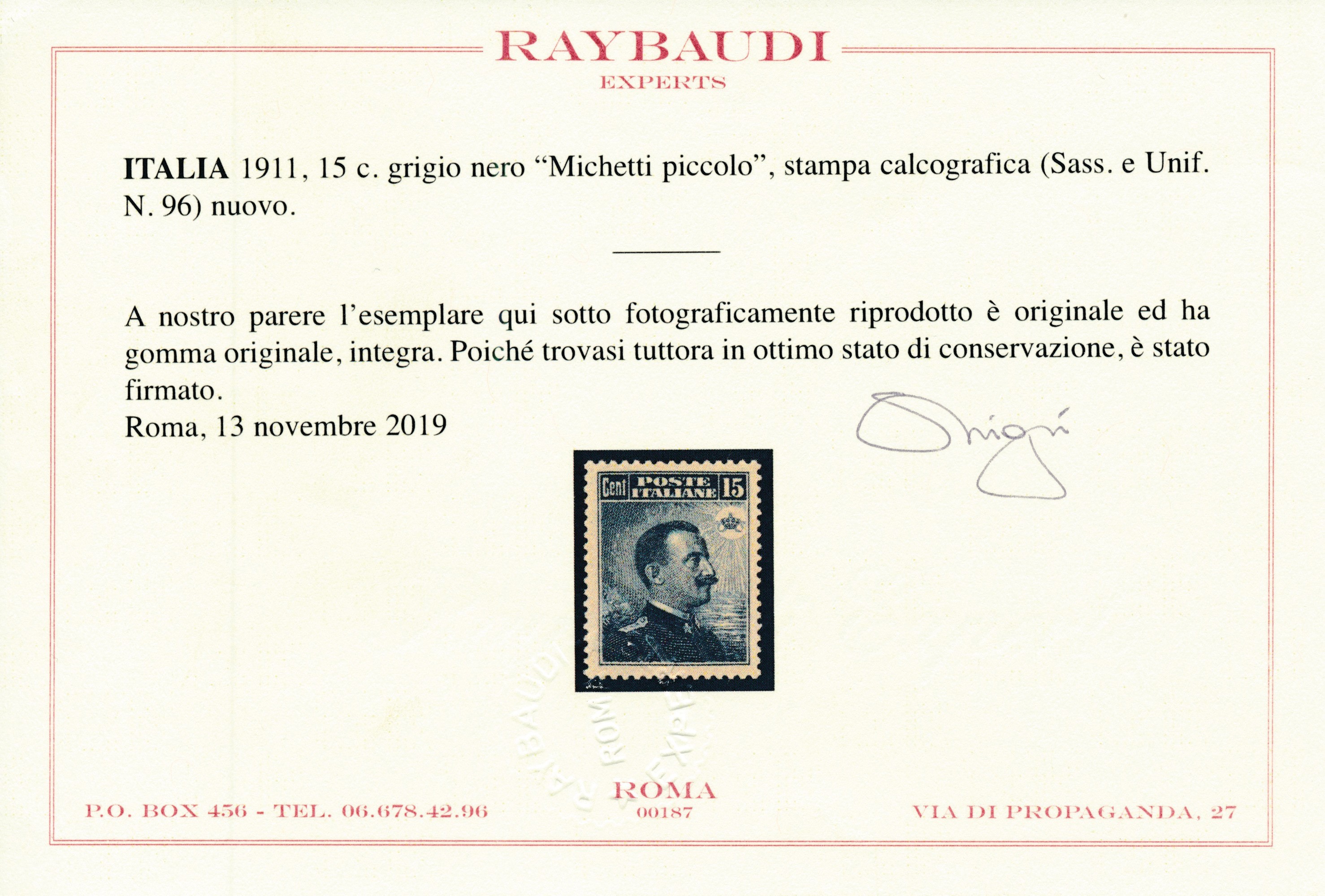 1911 – Regno D’italia – 15 Cent. Grigio Nero “michetti”, Dent. 13½ X 14, Gomma Integra (sass. 96)...