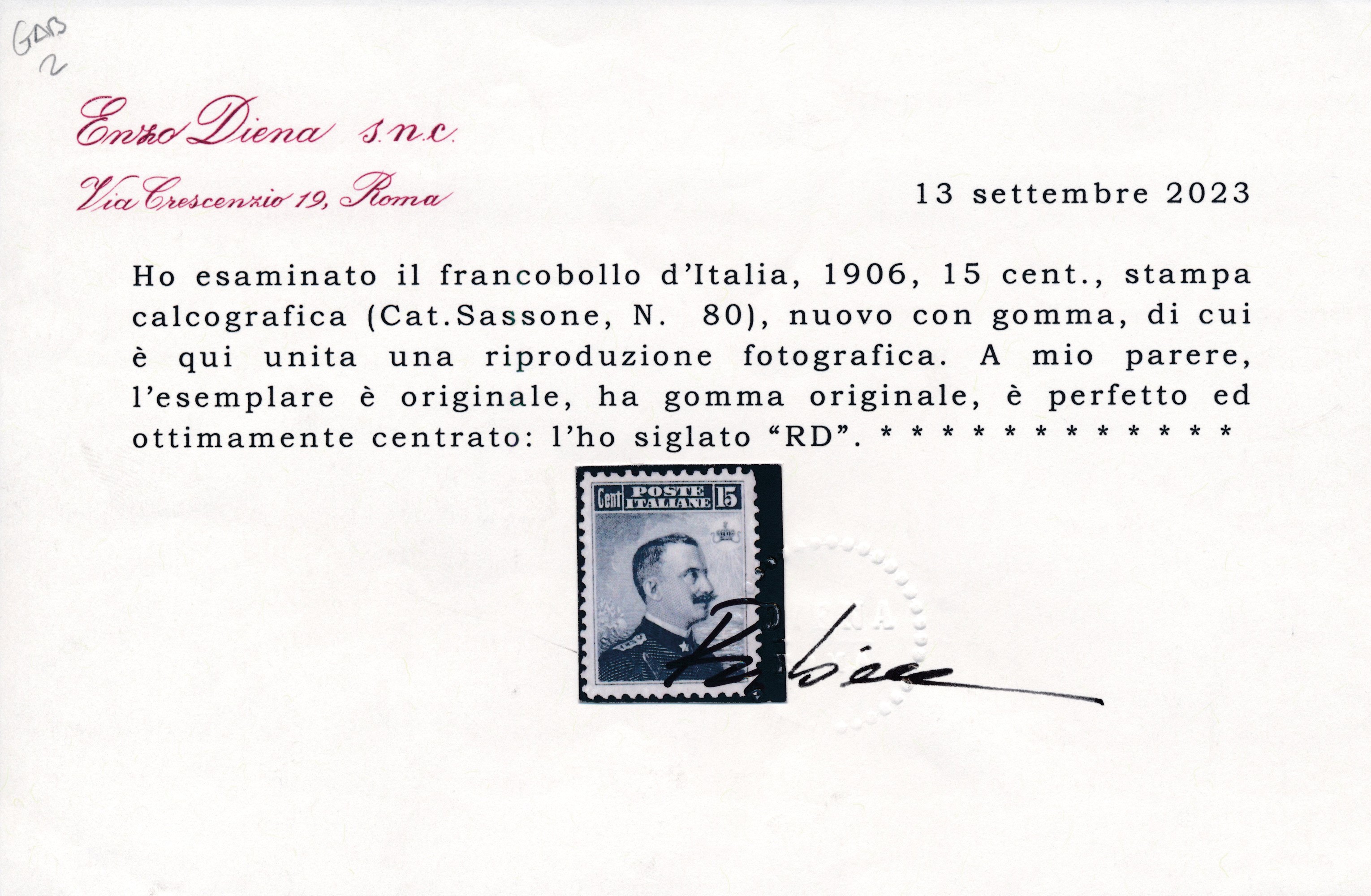 1906 – Regno D’italia – 15 Cent. Grigio Nero “michetti”, Dent. 12, Gomma Originale (sass. 80).