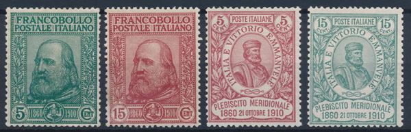 1910 – Regno d’Italia – Centenario del Risorgimento in Sicilia e del Plebiscito nell’Italia Meridionale “Garibaldi”, serie completa, gomma integra (Sass. S13).