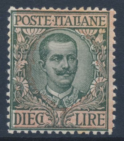 1910 – Regno D’italia – 10 Lire Oliva e Rosa “floreale” con Varietà Ornato Floreale Spostato (2 M...
