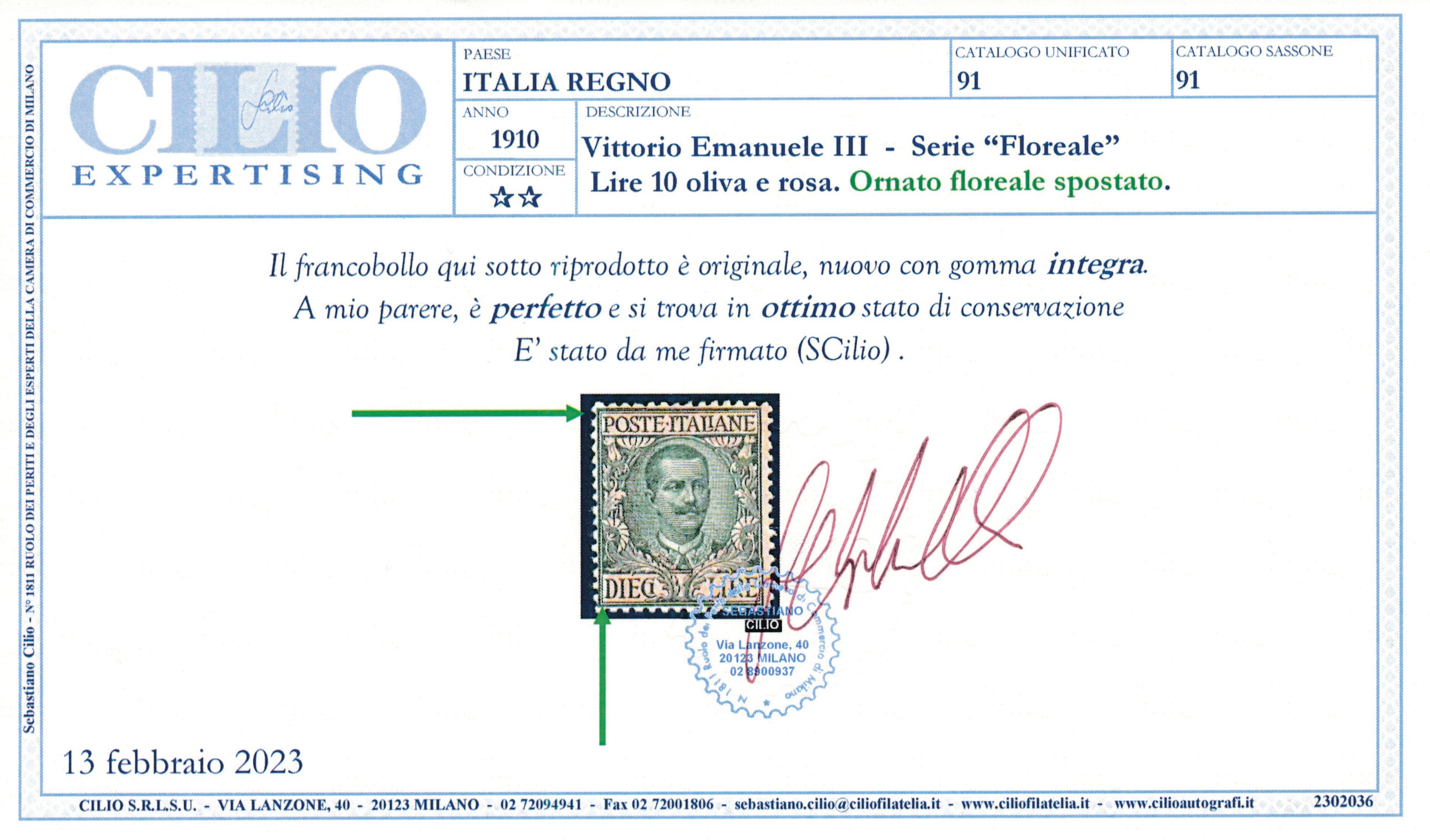 1910 – Regno D’italia – 10 Lire Oliva e Rosa “floreale” con Varietà Ornato Floreale Spostato (2 M...