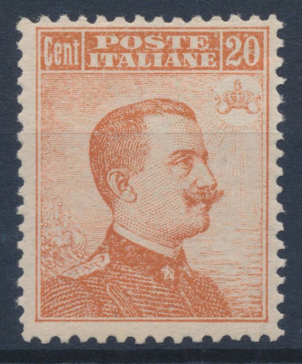 1916 – Regno d’Italia – 20 cent. arancio “Michetti”, senza filigrana, dent. 13¼ x 13¾, gomma integra (Sass. 107).