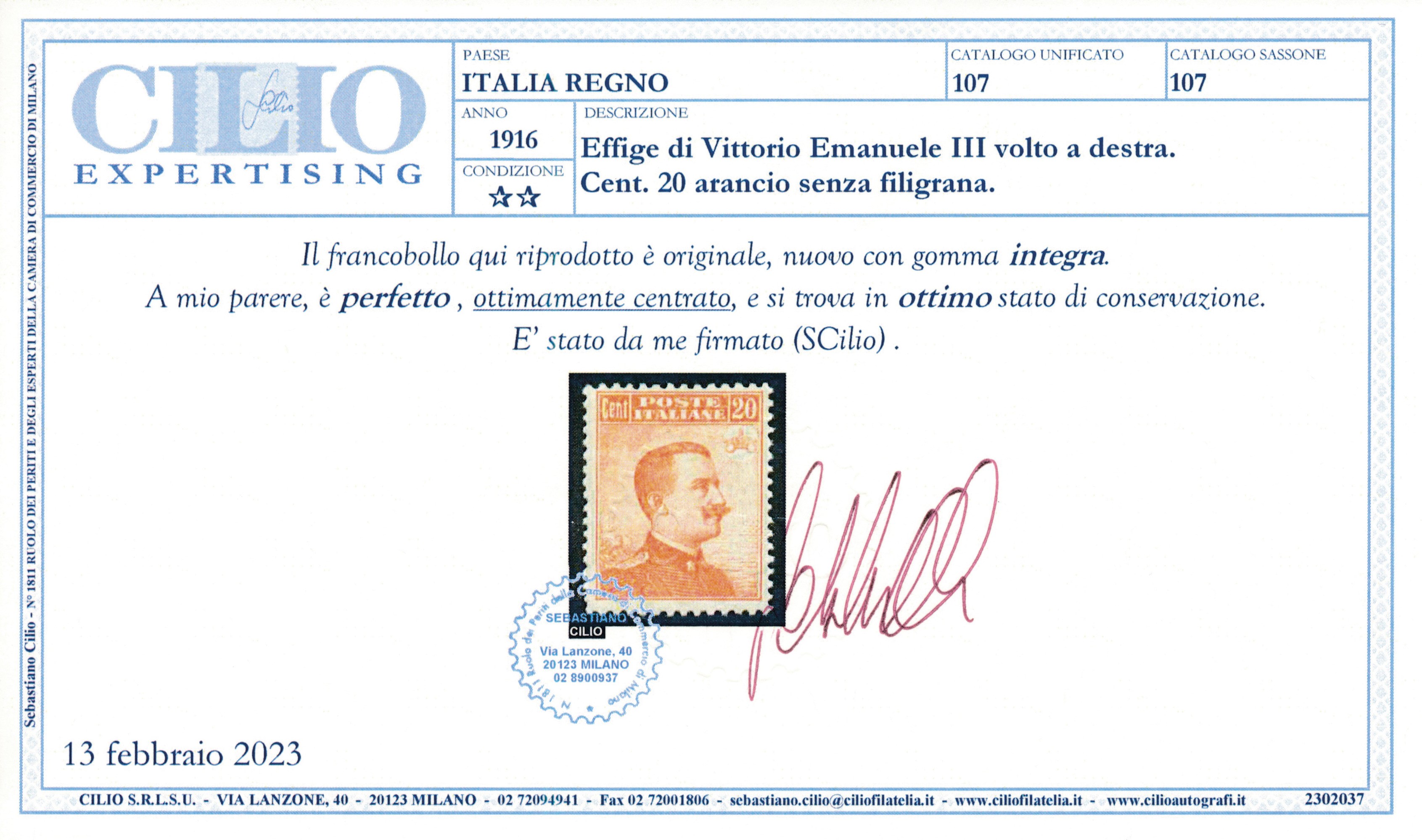 1916 – Regno D’italia – 20 Cent. Arancio “michetti”, Senza Filigrana, Dent. 13¼ X 13¾, Gomma Inte...