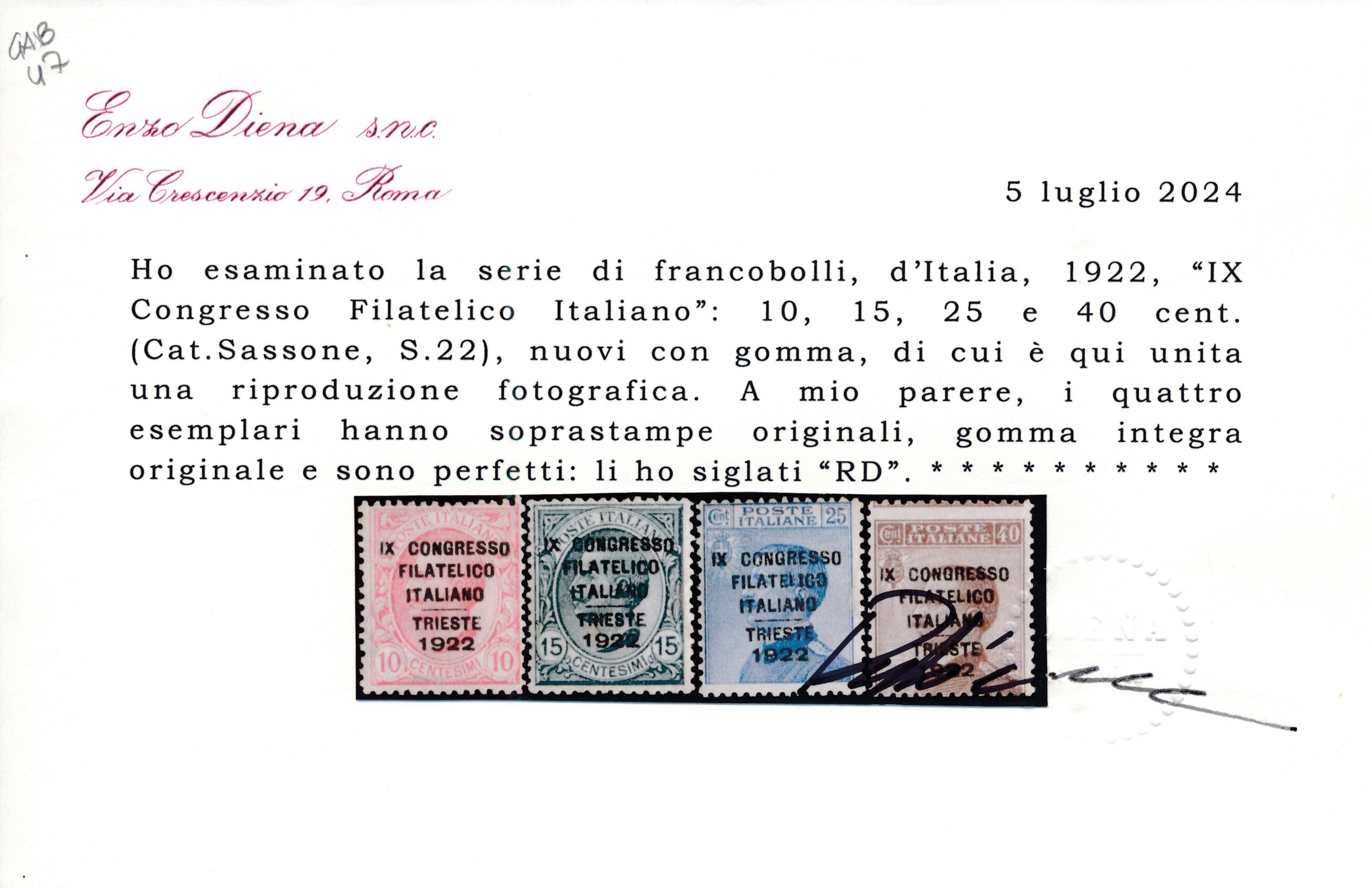 1922 – Regno D’italia – 9° Congresso Filatelico Italiana, Seria Completa, Gomma Integra (sass. S....