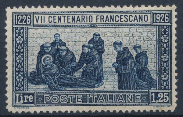 1926 – Regno d’Italia – 7° centenario della morte di S. Francesco – 1,25 lire azzurro dent. 13½, gomma integra (Sass. 196).
