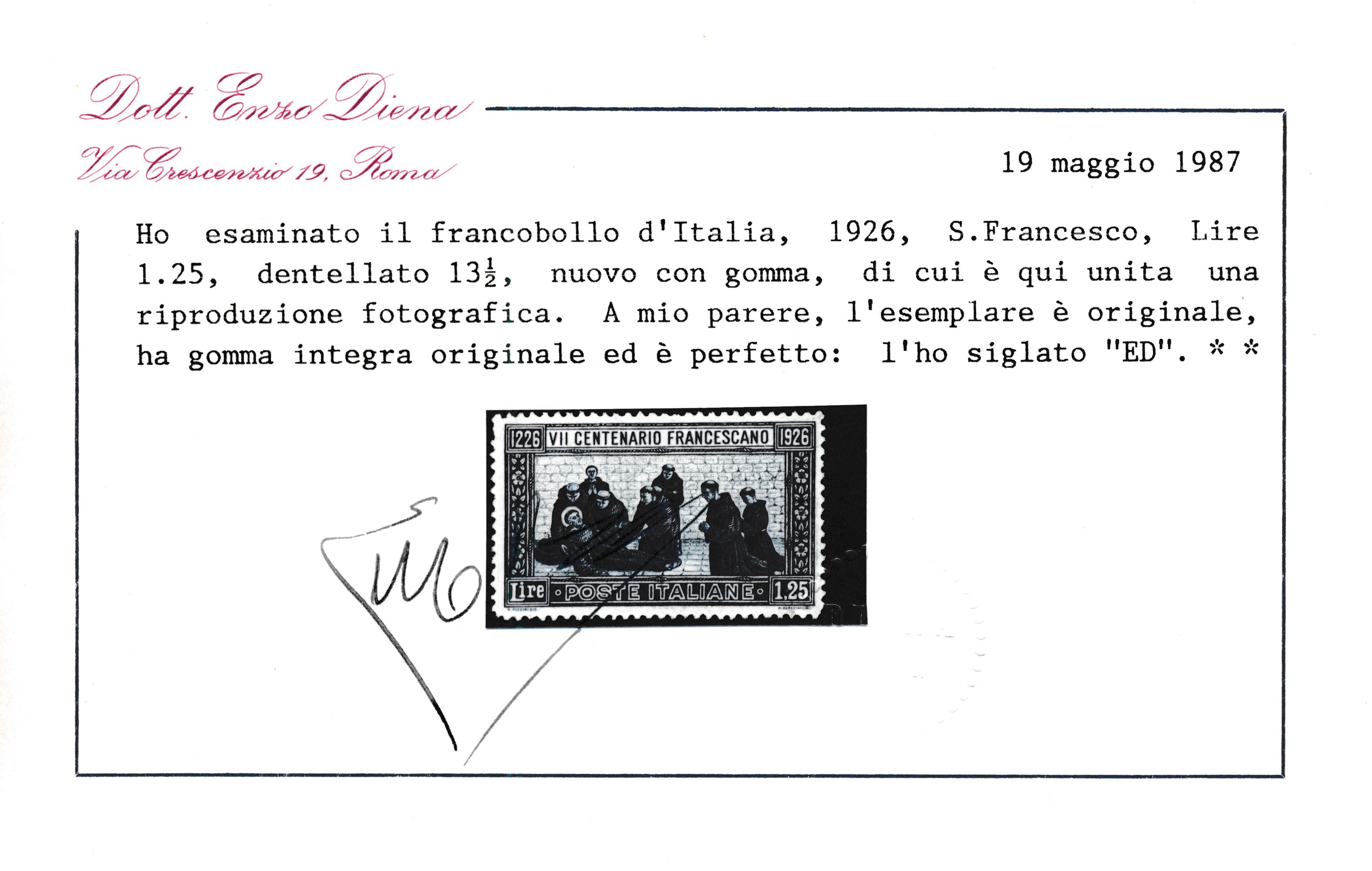1926 – Regno D’italia – 7° Centenario della Morte di S. Francesco – 1,25 Lire Azzurro Dent. 13½, ...