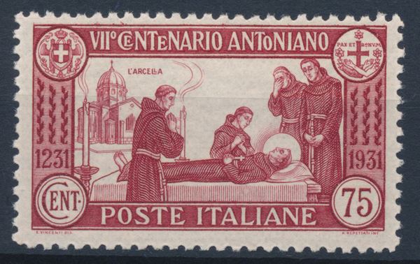 1931 – Regno d’Italia – 7° centenario della morte di S. Antonio – 75 cent. carminio, dent. 12 (Sass. 299).