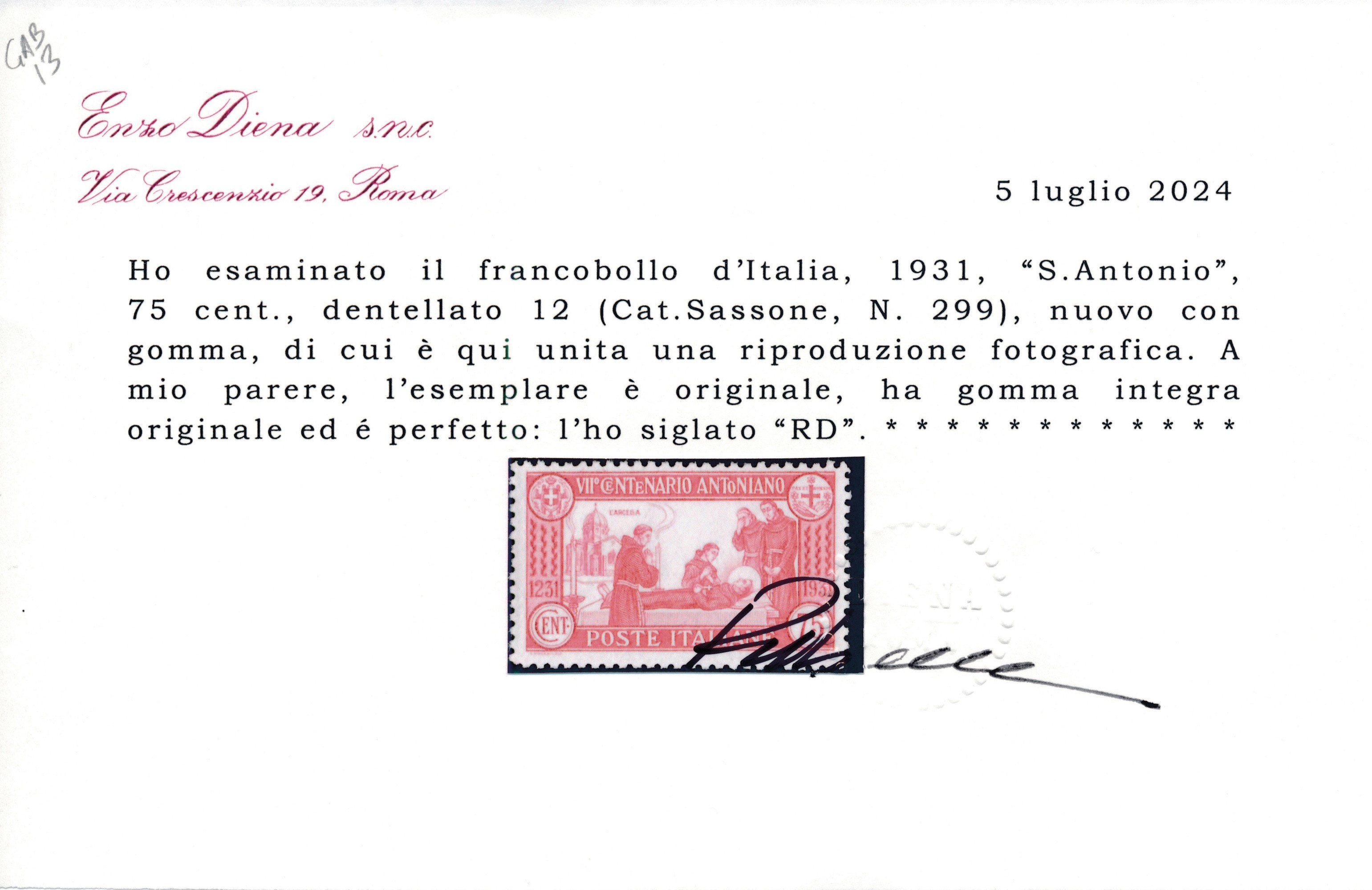 1931 – Regno D’italia – 7° Centenario della Morte di S. Antonio – 75 Cent. Carminio, Dent. 12 (sa...
