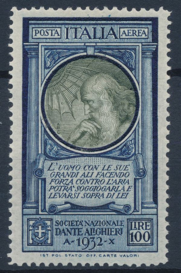 1932 – Regno d’Italia – Posta Aerea - Pro Società “Dante Alighieri” – 100 lire azzurro e oliva, varietà carta sottile, gomma integra (Sass. 41a).