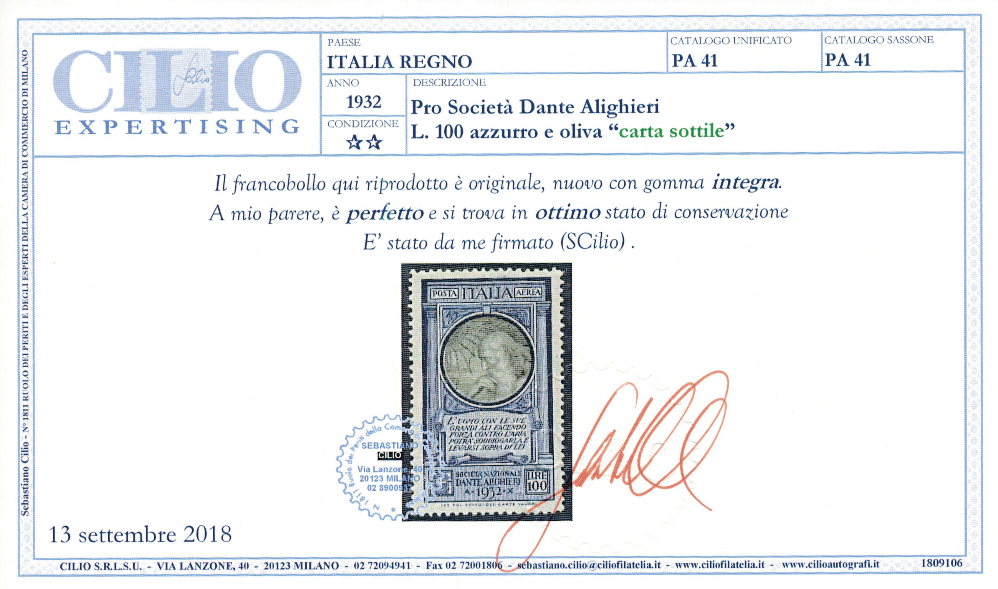 1932 – Regno D’italia – Posta Aerea - Pro Società “dante Alighieri” – 100 Lire Azzurro e Oliva, V...