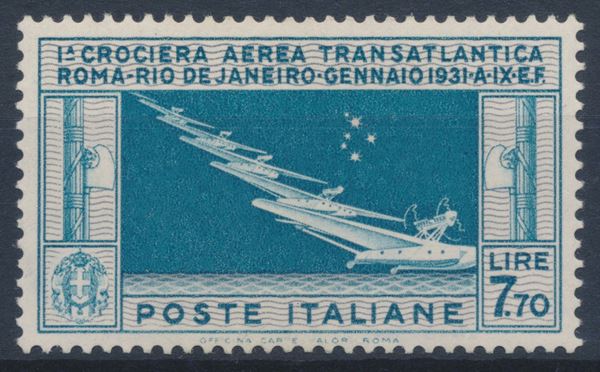 1930 – Regno d’Italia – Posta Aerea – Crociera transatlantica Italia-Brasile – 7,70 lire celeste e grigio (Sass. 25).