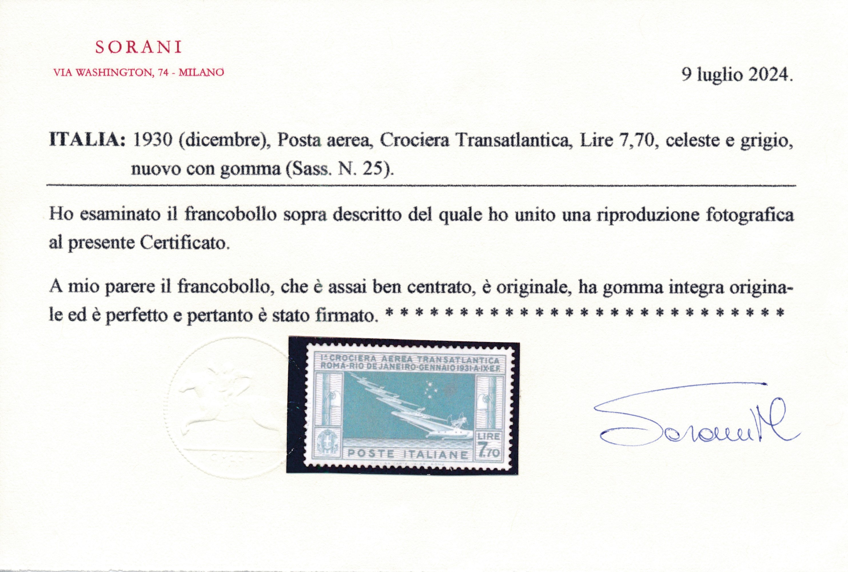 1930 – Regno D’italia – Posta Aerea – Crociera Transatlantica Italia-brasile – 7,70 Lire Celeste ...