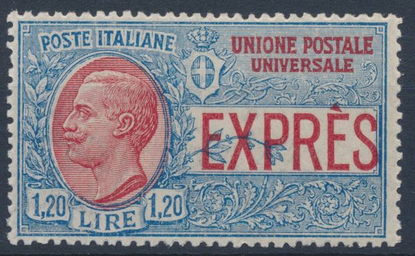 1922 – Regno d’Italia – Espressi – Effige di Vittorio Emanuele III – 1,20 lire azzurro e rosso, non emesso (Sass. 8).