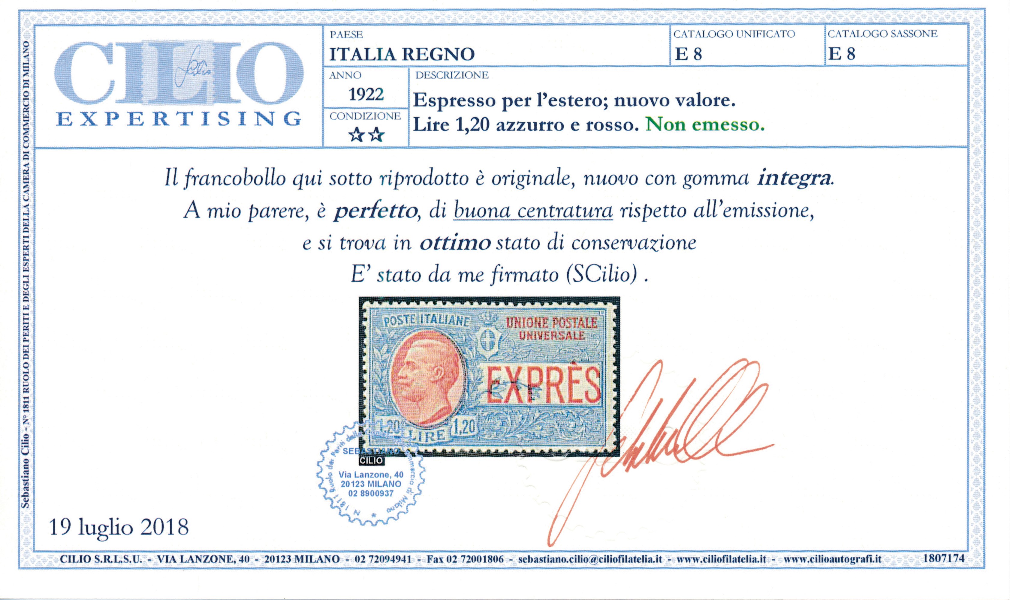 1922 – Regno D’italia – Espressi – Effige di Vittorio Emanuele III – 1,20 Lire Azzurro e Rosso, N...