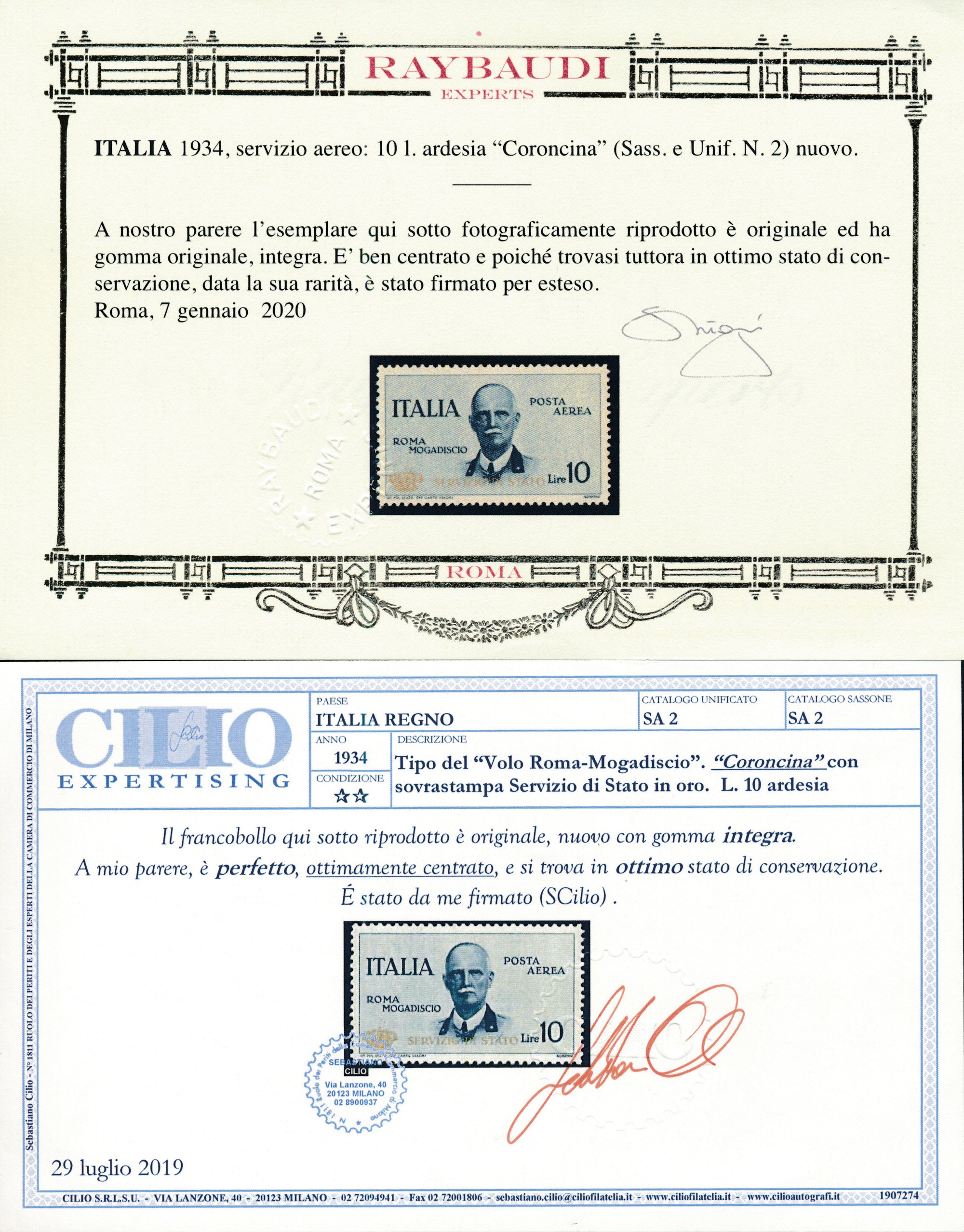 1934 – Regno D’italia – Servizio Aereo – Volo Roma-mogadiscio – 10 Lire Ardesia “coroncina” (sass...