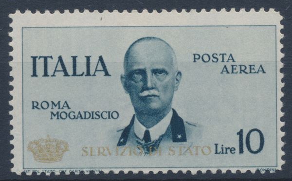 1934 – Regno d’Italia – Servizio Aereo – Volo Roma-Mogadiscio – 10 lire ardesia “Coroncina” (Sass. 2).
