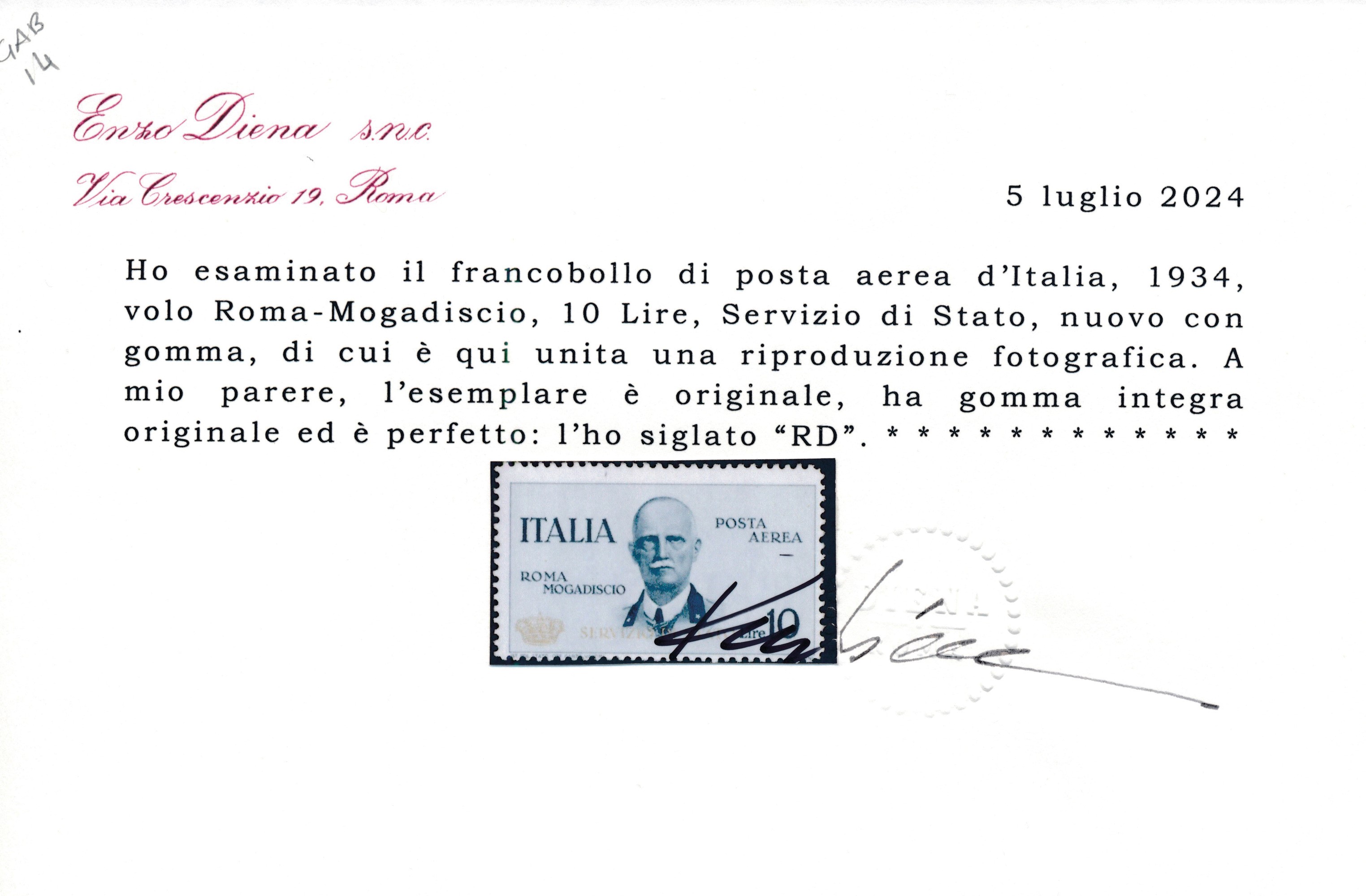 1934 – Regno D’italia – Servizio Aereo – Volo Roma-mogadiscio – 10 Lire Ardesia “coroncina” (sass...