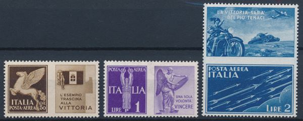 1942 – Regno d’Italia – Propaganda di Guerra – Francobolli di posta aerea con appendice di propaganda bellica, non emessi – serie completa (Sass. S.1601).